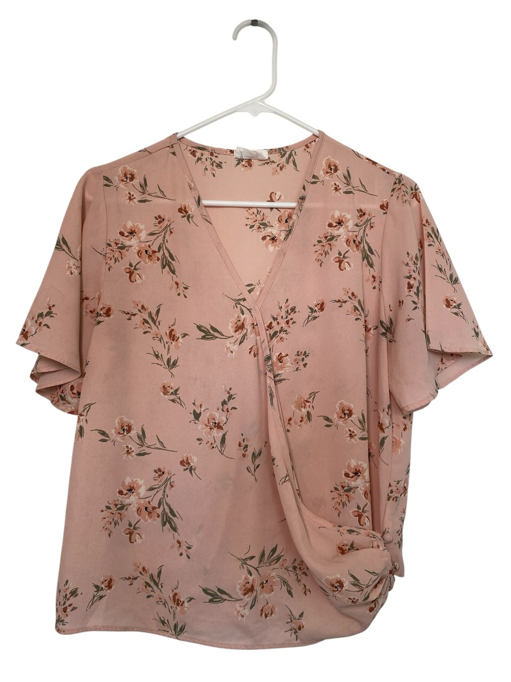 Floral Faux Wrap, V-Neck, Feminine Blouse w/ Flutter Sleeve Soft Pink, Green MED